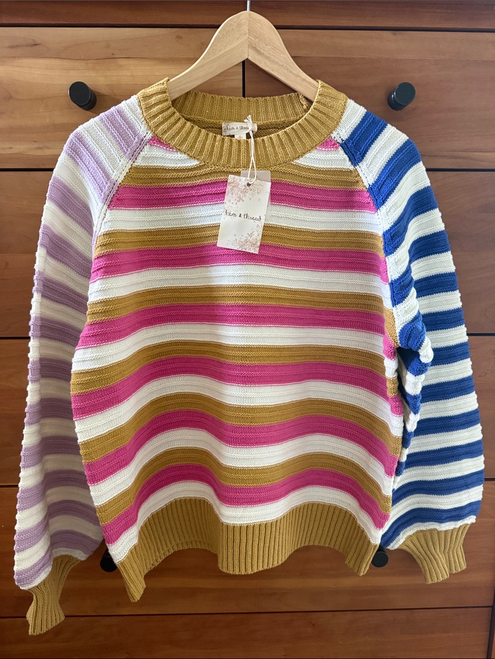 Hem & Thread Multi-Stripe Crewneck Sweater in Pink, Mustard & Blue  NWT Size L